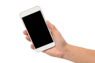 Beyaz zemin üzerine altın smartphone tutan el
