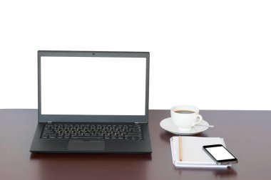 Laptoplu kahverengi masa, dizüstü bilgisayar, iş geçmişi için mobil izolasyon