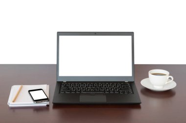 Laptoplu kahverengi masa, dizüstü bilgisayar, iş geçmişi için mobil izolasyon