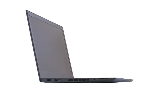 Seitenansicht Eines Schwarzen Laptops Mit Schwarzem Bildschirm Auf Weißem Hintergrund — Stockfoto