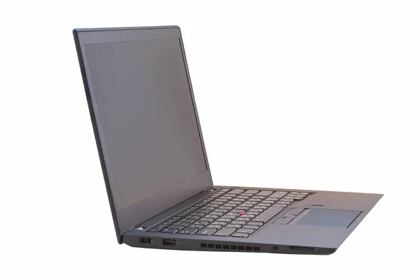 Vista Lateral Laptop Preto Com Tela Preta Isolada Fundo Branco — Fotografia de Stock