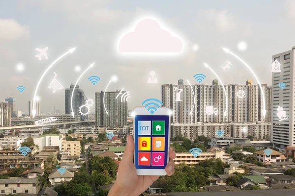 Iot, Internet de las cosas (concepto de negocio), ciudad inteligente, nube cóncava — Foto de Stock