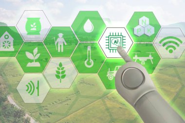 Akıllı tarım, sanayi tarım kavramı ile yapay intelligence(ai). Akıllı çiftçi kullanın robot ve Artırılmış gerçeklik teknoloji-e doğru araştırma, toplamak, kontrol, izleme ve yönetim alanında