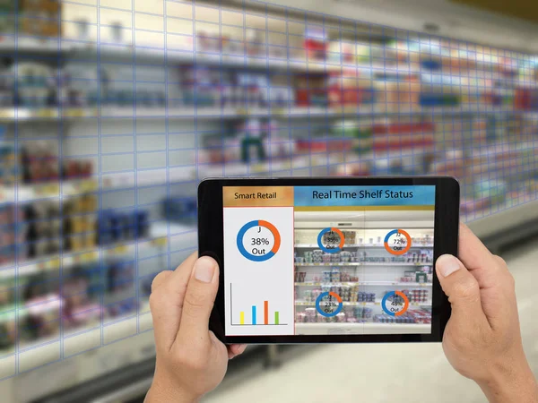 Akıllı perakende kavramı, bir mağaza yöneticisi hangi verilerin hangi mal ve fiyat taranırken bir tablet yapay intelligence(ai) akıllı robot rapor gerçek zamanlı Söyleşiler raf durum içine kontrol edebilirsiniz