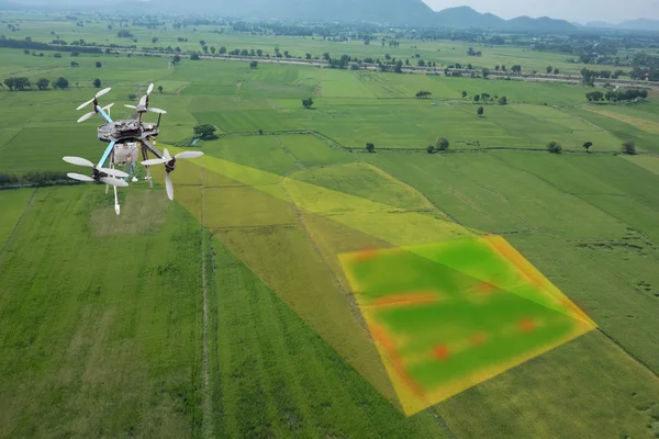 Drone dla rolnictwa, drone wykorzystania w różnych dziedzinach, jak analizy badań, bezpieczeństwa, ratownictwa, skanowanie technologii monitorowania gleby nawodnienie terenu, wydajność problem i wysyłania danych do inteligentnego rolnika na tablecie — Zdjęcie stockowe