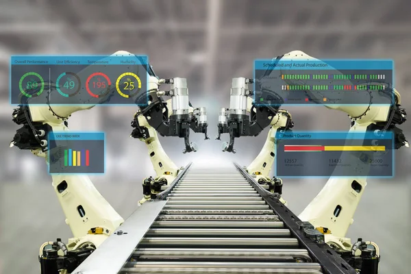 Iot Βιομηχανία Έννοια Έξυπνη Εργοστάσιο Χρησιμοποιώντας Αυτοματοποίηση Ρομποτικούς Βραχίονες Τεχνολογία — Φωτογραφία Αρχείου
