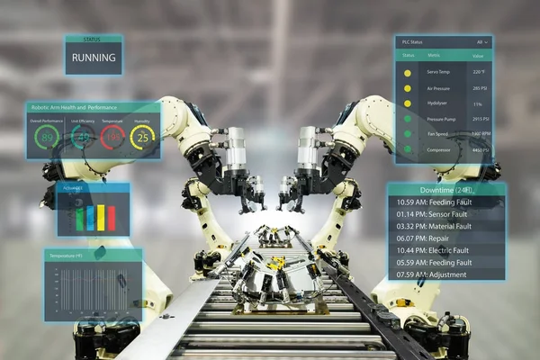 çok sanayi 4.0 konsept. Operasyon satırı sırasında veri yapay zeka kullanıcı arabirimi (UI) göstermek için artırılmış karışık sanal gerçeklik teknolojisi ile otomasyon robot savaş silahları kullanarak akıllı fabrikası