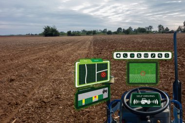 çok akıllı sanayi robot 4.0 tarım kavramı, endüstriyel ziraat mühendisi, karışık özerk traktör artar kendi sürüş teknolojisi ile sanal gerçeklik kullanarak toplamak, erişmek, toprak analiz için çiftçi