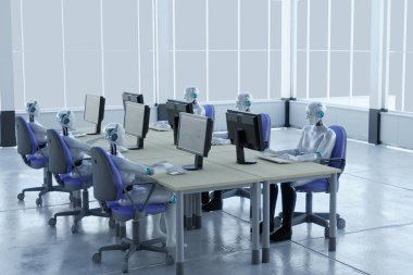 3D insan robotu ofis konseptinde çalışıyor