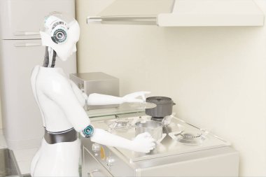 3D suni pişirme robotu yapay zeka fütüristik konseptte yemek pişirmek için.