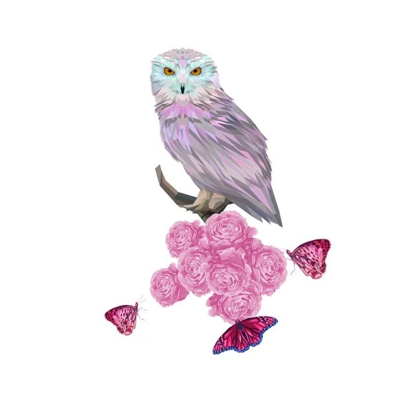 Motif coloré avec des roses, hibou et papillons — Photo