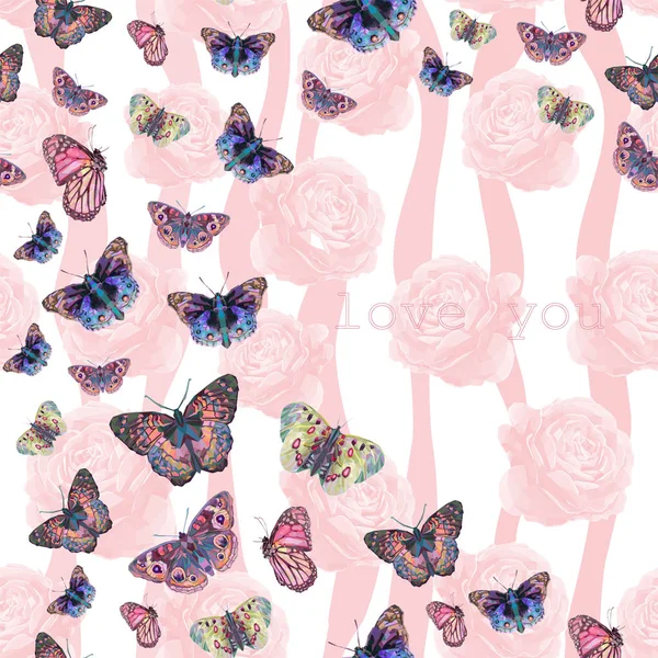 Tender roses and bright butterflies — Stock Photo, Image