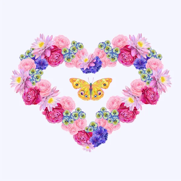 Soyut çiçek kalp ve sarı kelebek