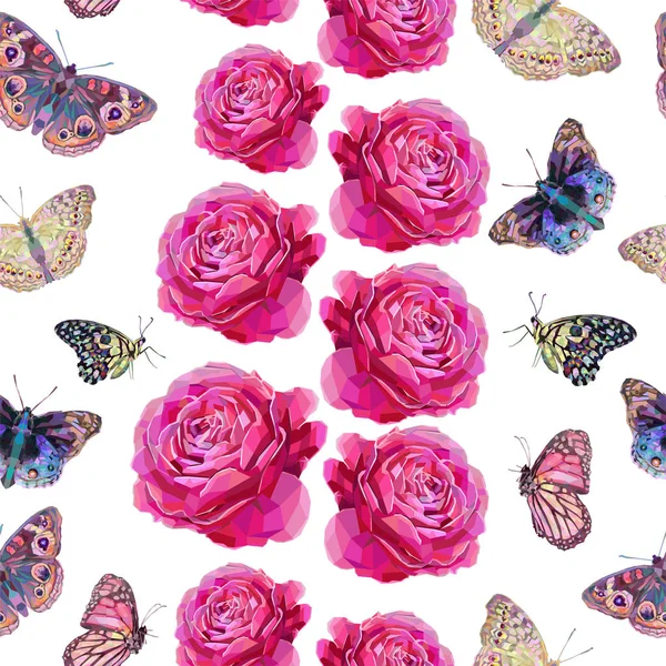 Gestileerde patroon met heldere rozen en vlinders — Stockfoto
