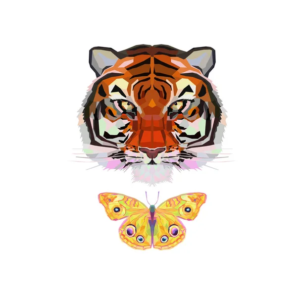 Cabeça de tigre estilizada brilhante e borboleta amarela — Fotografia de Stock