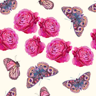 Parlak gül ve kelebekler stilize desen