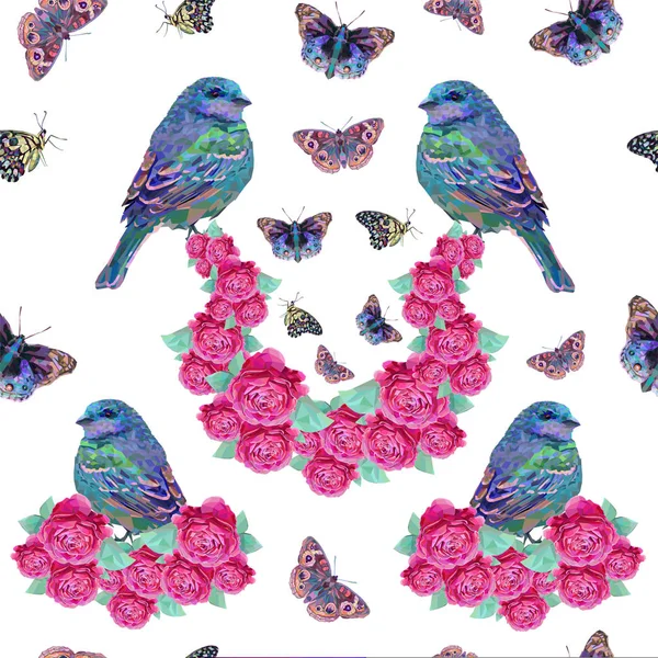 Patrón de color con mariposas, rosas y pájaros — Vector de stock