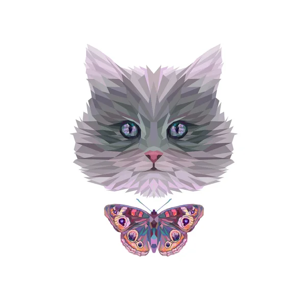 Cabeza de gatito colorido y mariposa — Archivo Imágenes Vectoriales