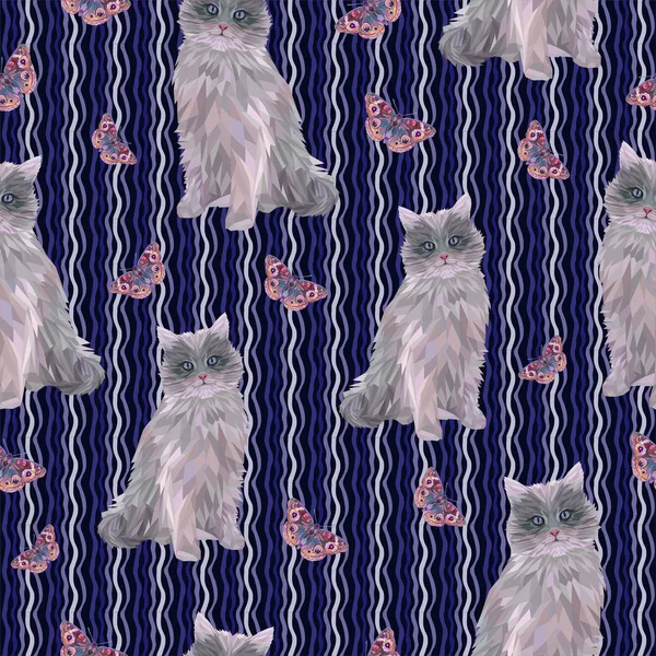 Sevimli gri kediler ve koyu arkaplanda kelebekler.