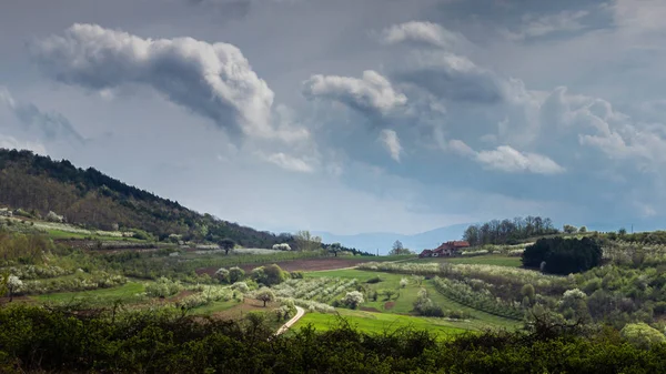 Vista panorâmica de um dia de primavera na paisagem rural sérvia . — Fotografia de Stock
