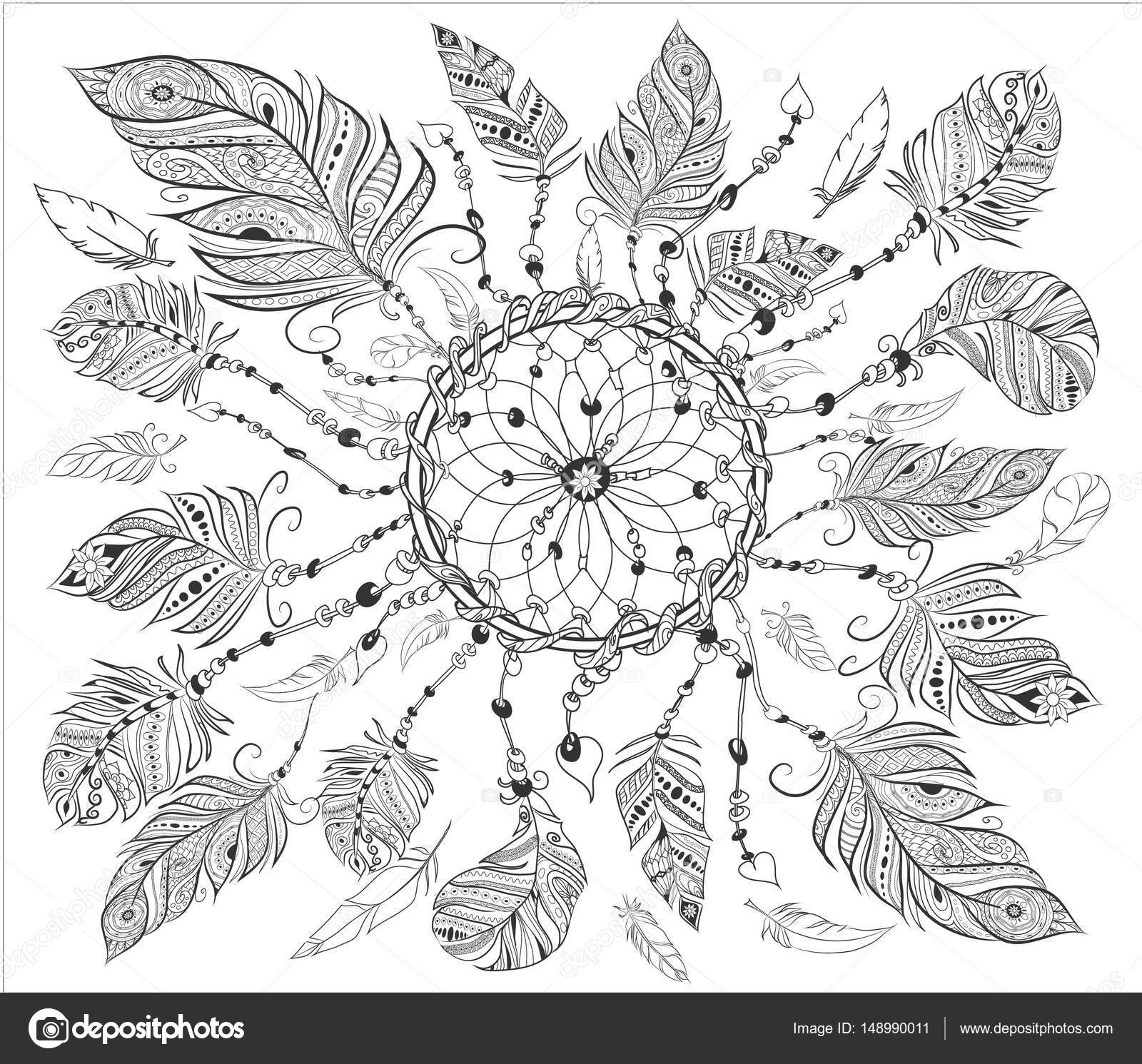 Dreamcatcher Met Verschillende Veren Voor Kleurplaten Pagina Hand