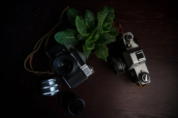 ahşap bir masa üzerinde iki vintage kameralar 