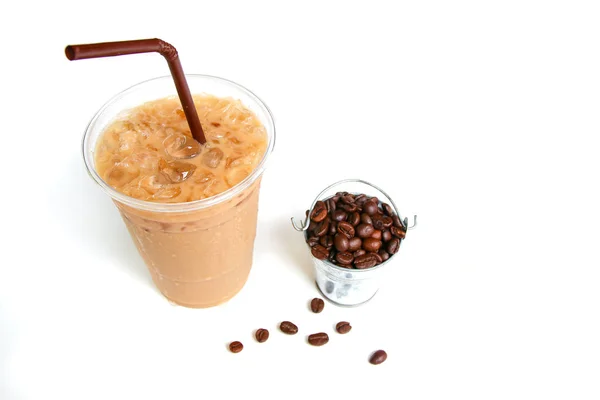 Iced coffee with straw in plastic cup on white background — Stock Photo, Image