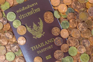 Tay pasaport sikke yığını üzerinde.