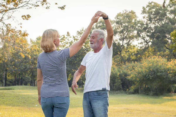 Senior couples dance together in the park.