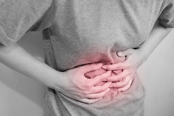 Woman Having Painful Stomach Ache Young Woman Abdominal Pain Due — Stock Photo, Image