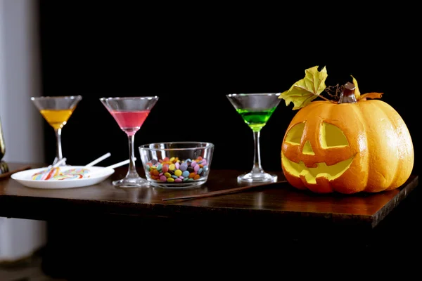 Ghost Pumpkins Candies Drinks Table Halloween Party Night Dark Background — Stock Photo, Image