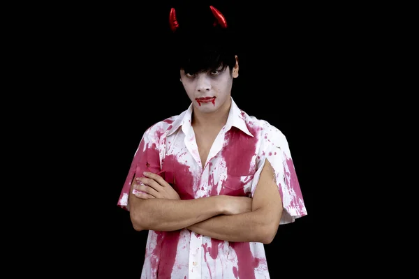 Young Asian Man Costume Hell Evil Black Background Concept Halloween — Stock Photo, Image