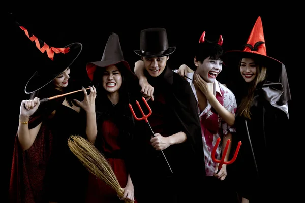 Group Young Asian Costume Halloween Party Black Background Concept Halloween — Stock Photo, Image