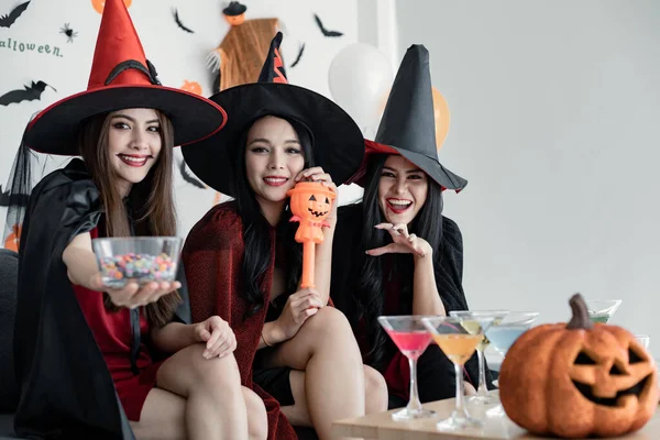 Group Young Asian Women Costume Witch Celebrate Party Room Theme — Stock Photo, Image