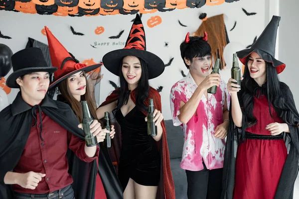 Gang Young Asian Costume Witch Wizard Celebrate Halloween Party Dance — Stock Photo, Image