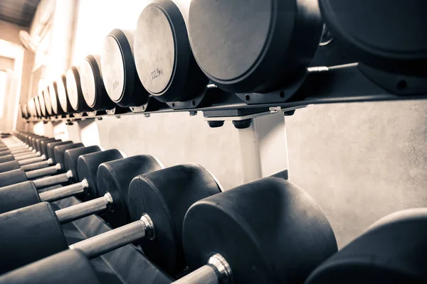 Hanteln Stehen Den Regalen Der Turnhalle Moderne Innenausstattung Des Fitnessstudios — Stockfoto