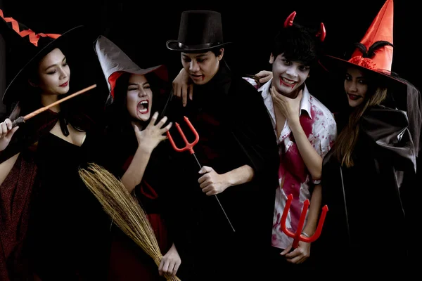 Group Young Asian Costume Halloween Party Black Background Concept Halloween — Stock Photo, Image