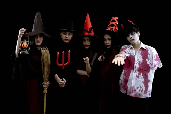 Grupo Jóvenes Asiáticos Traje Fiesta Halloween Sobre Fondo Negro Con — Foto de Stock