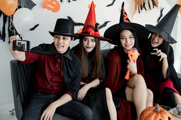 Group Young Asian Costume Witch Wizard Celebrate Party Selfie Room — Stock Photo, Image