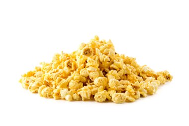 Beyaz arkaplanda karamel patlamış mısır