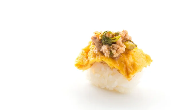 Omelet with spicy pork sushi — Stock Photo, Image