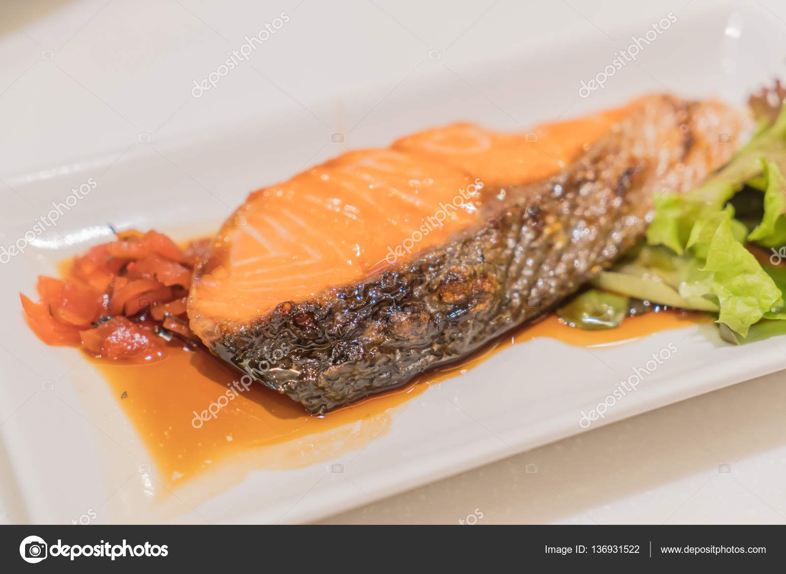 Salmon grill with sauce — Stock Photo © topntp 136931522