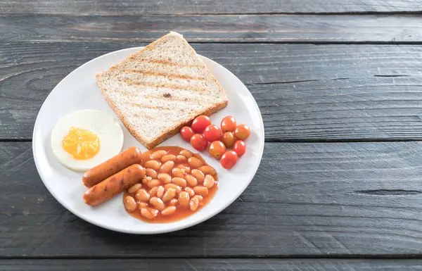 Breakfast food on wood background — Stock Photo, Image
