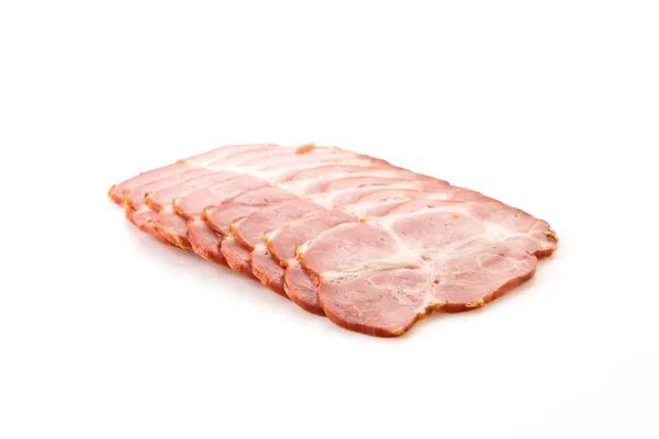 Carne de porco pastrami no fundo branco — Fotografia de Stock