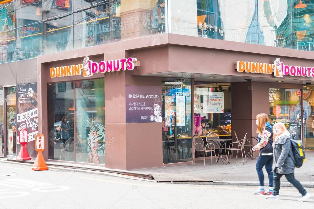 Seoul, South Korea - Mar 8, 2016: Exterior of Dunkin Donuts shop in Seoul. The company is the largest coffee and baked goods franchise in the world, with 15,000 stores in 37 countries