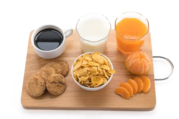 Frühstück - kontinentales Frühstück, Obst, Müsli und Orangensaft — Stockfoto