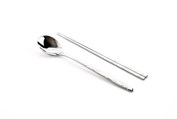 A set of Korean flat metal chopsticks and spoon — Stock Photo, Image