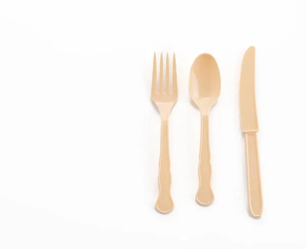 Plastplatta sked gaffel och kniv — Stockfoto