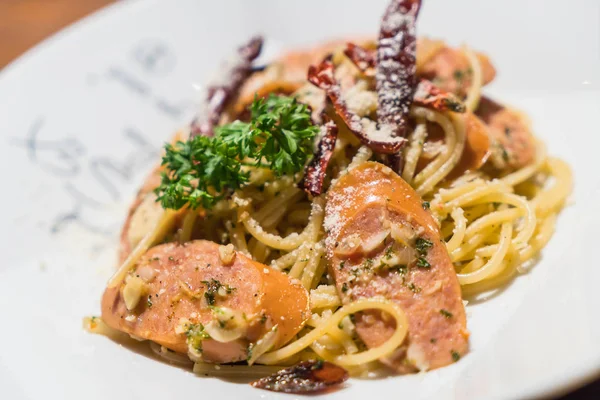 Pasta with germany sausage — Stock Photo, Image