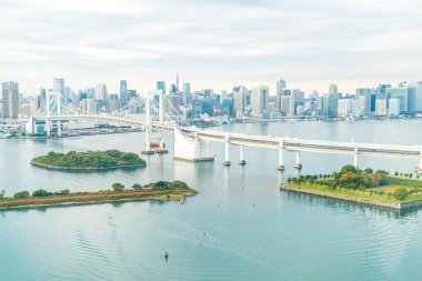 Tokyo siluetinin Tokyo kule ve Gökkuşağı Köprüsü ile. 